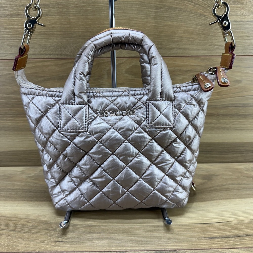 MZ Wallace Mini Metro Tote Gold Quilted Nylon Rose Gold Crossbody Zip Travel
